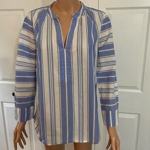 J. Crew Awning-Striped Tunic Blouse Blue White V Neck